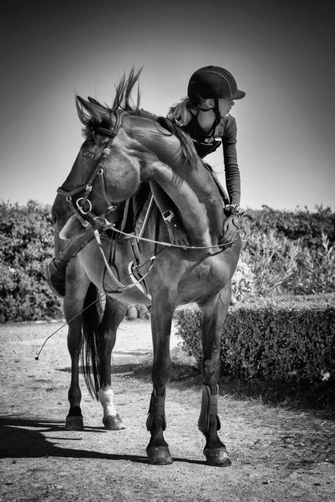 Pferd in schwarz weiß mit Reiterin Franz Paul Podek Photography